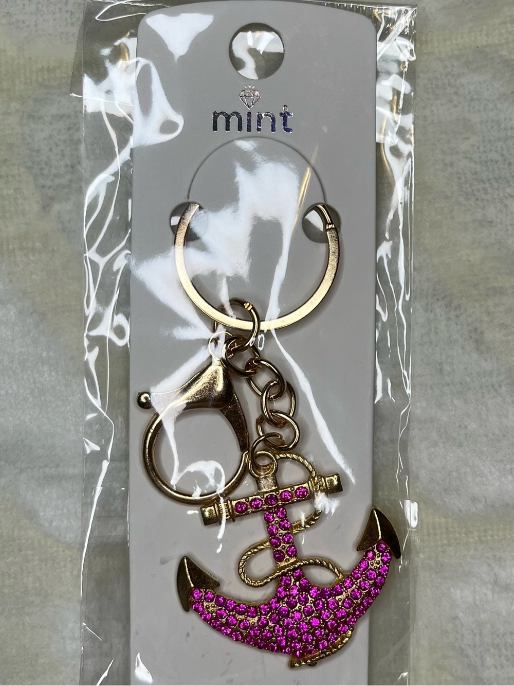 Mint Gold-Tone Anchor Keychain with Pink Crystals